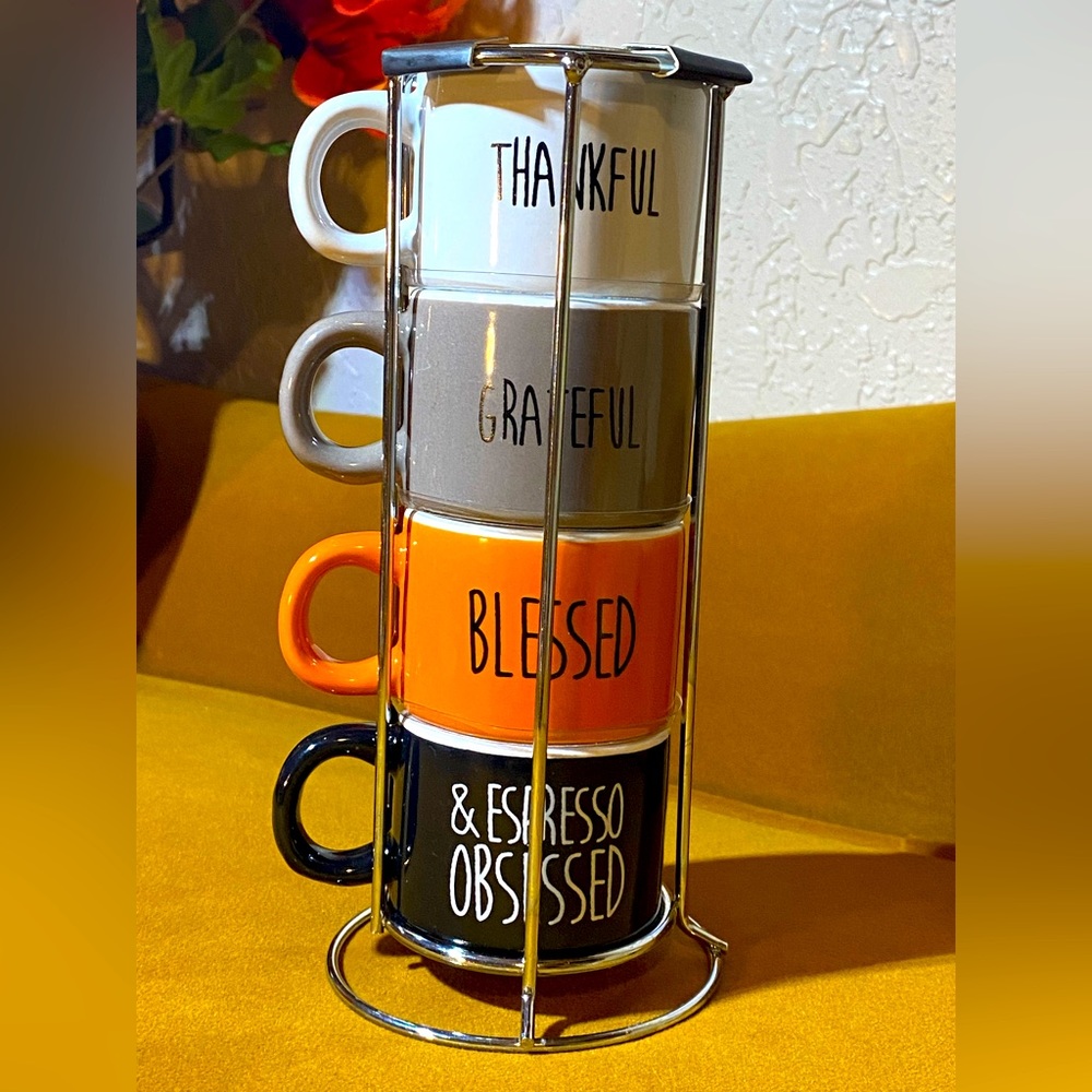 Set of 4 Espresso Mugs w/Metal Rack
